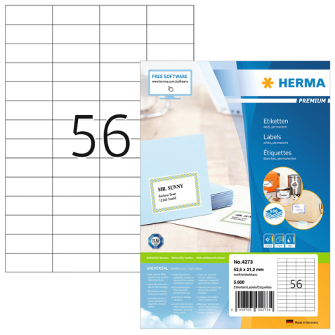 Etiket HERMA 4273 52.5x21.2mm premium wit 5600stuks