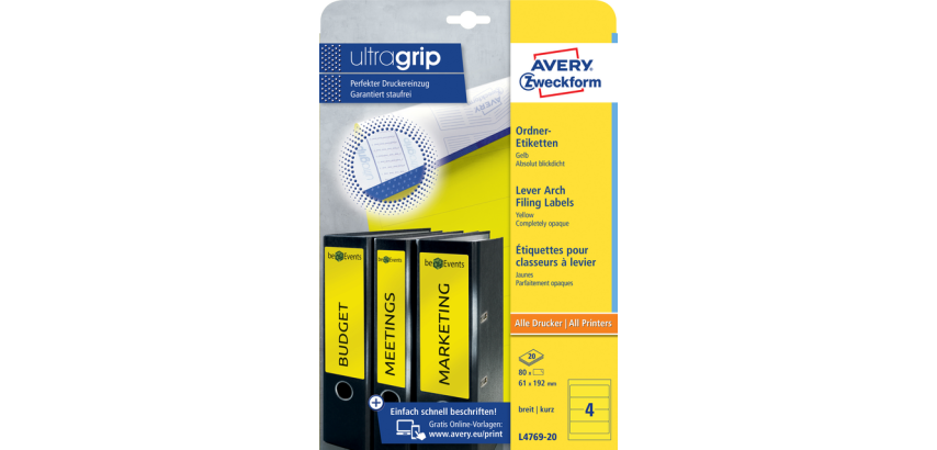 Avery Rückenetikett Groß 61x192mm selbstklebend gelb 20 Blatt