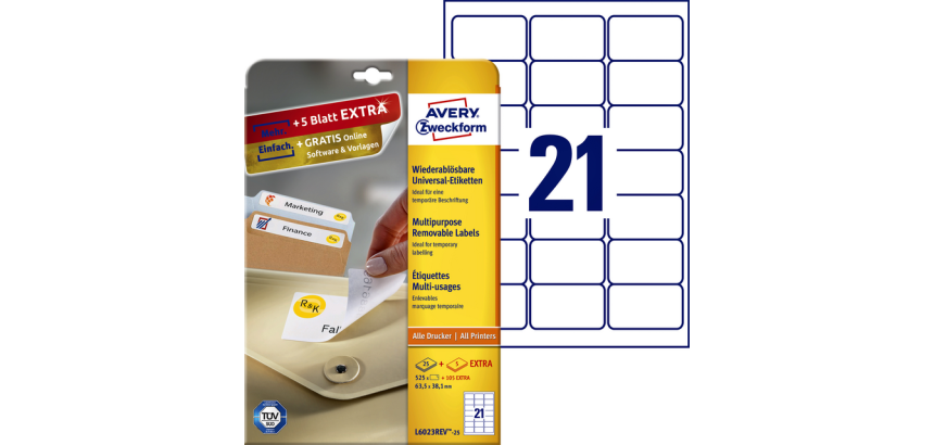 Etiquette Avery L6023REV-25 63,5x38,1mm amovible blanc 525 pcs
