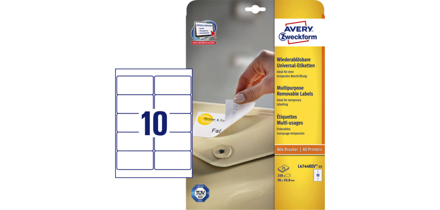 Etiquette Avery amovible L4744REV-25 96x50,8mm blanc 250 pièces