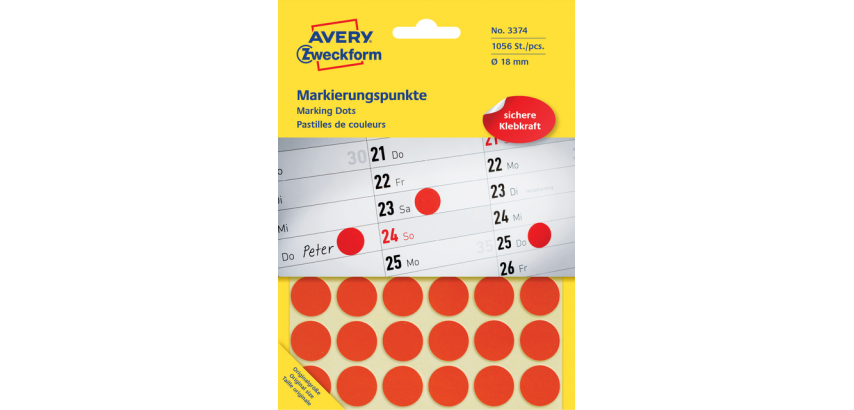 Avery Round Labels, 18 mm diameter, red, 1,056 pieces