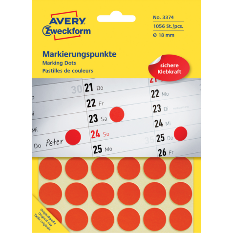 Avery Etiquettes ronds diamètre 18 mm, rouge, 1.056 pièces