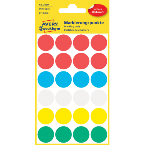 Etiket Avery Zweckform 3089 rond 18mm assorti 96stuks