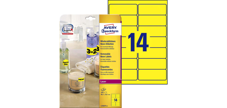 Etiket Avery L7263Y-100 99.1x38.1mm neon geel 1400 stuks