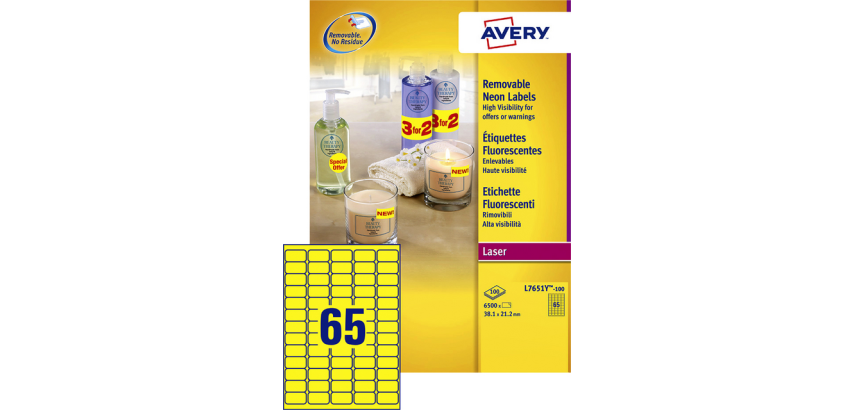 Etiket Avery L7651Y-100 38.1x21.2mm neon geel 6500 stuks
