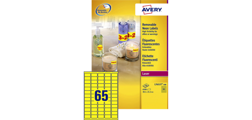 Etiket Avery L7651Y-100 38.1x21.2mm neon geel 6500 stuks