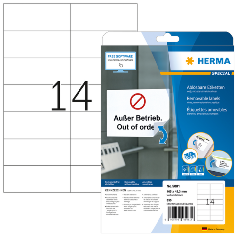 Etiket HERMA 5081 105x42.3mm verwijderbaar wit 350stuks