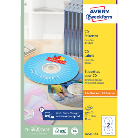 Etiquette CD Avery Zweckform L6043-100 blanc 200 pièces