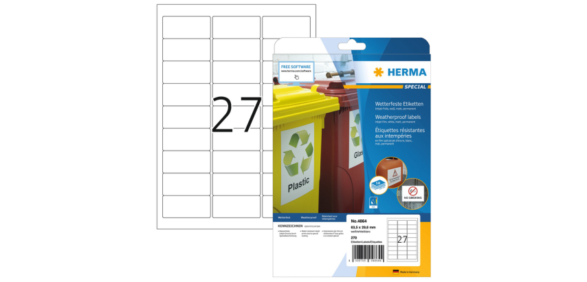 Etiquette HERMA 4864 63,5x29,6mm résiste aux intempéries blanc 270 pièces