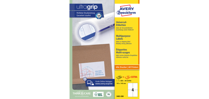 Avery Etiketten 3483-200 105x148mm A6 weiß 800 Stück