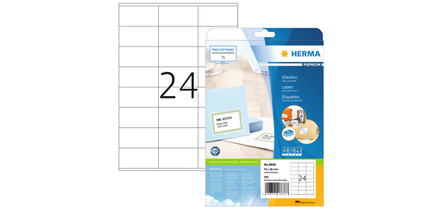 Etiquette HERMA Premium 8638 70x36mm blanc 240 pièces