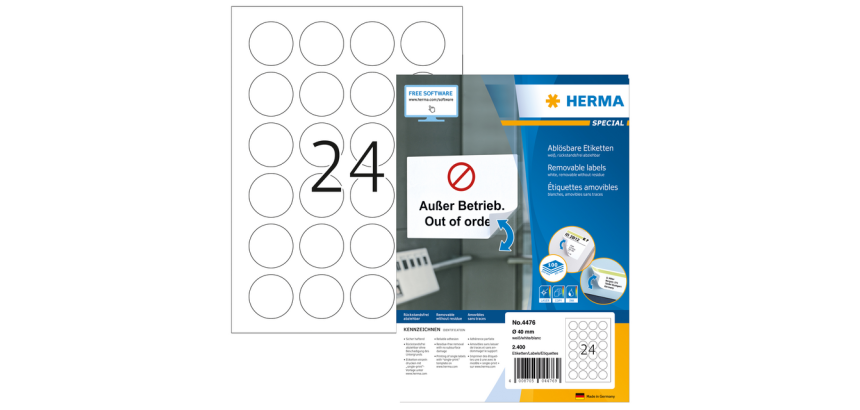 Etiket HERMA 4476 40mm verwijderbaar wit 2400 stuks