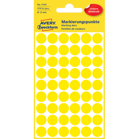 Etiket Avery Zweckform 3144 rond 12mm geel 270stuks