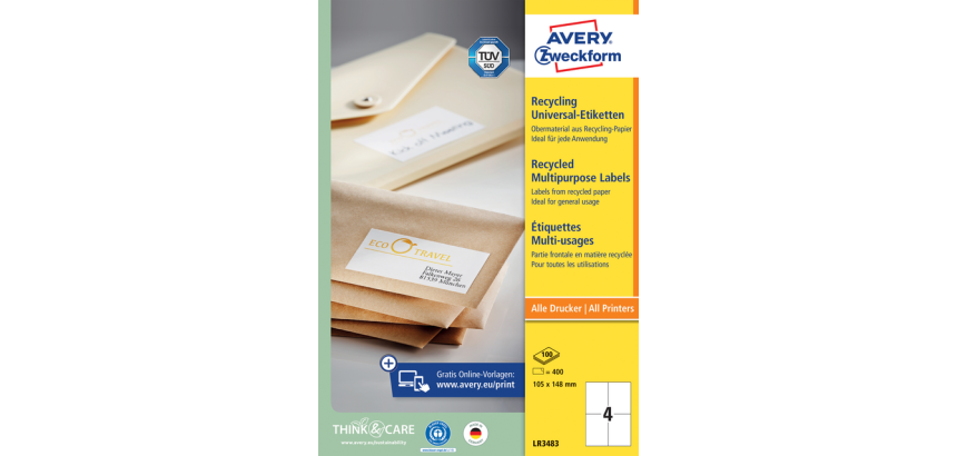 Etiket Avery LR3483 105x148mm recycled wit 400 stuks