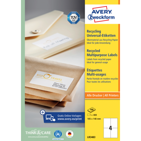Etiquette Avery Zweckform LR3483 105x148mm A6 recyclé blanc 400 pièces