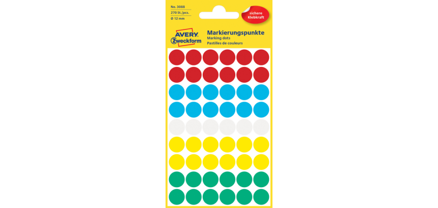 Avery 3088 Round Labels 12mm Assorted 270 Labels