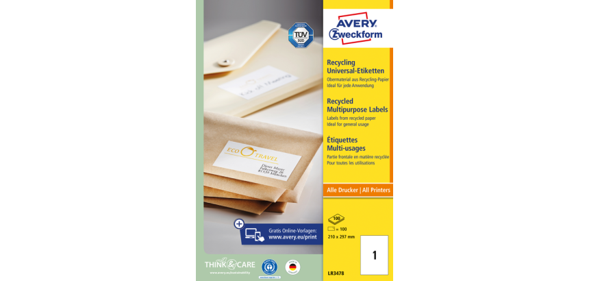 Etiquette Avery LR3478 210x297mm A4 recyclé blanc 100 pièces