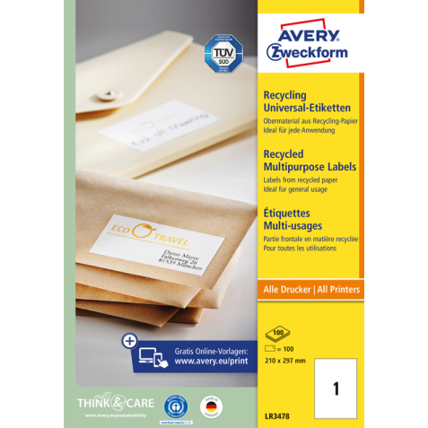 Etiquette Avery Zweckform LR3478 210x297mm A4 recyclé blanc 100 pièces