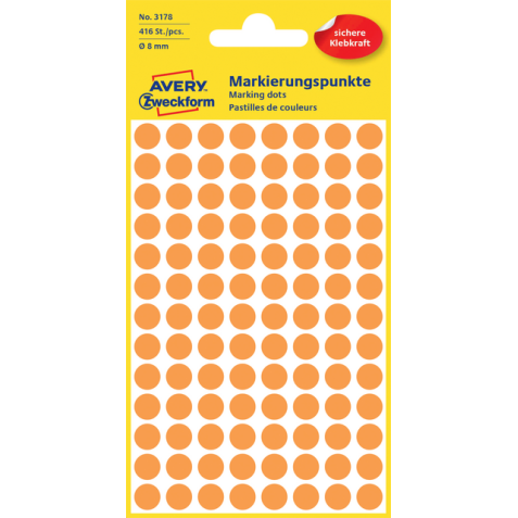 Etiquette Avery Zweckform 3178 rond 8mm orange 416 pcs