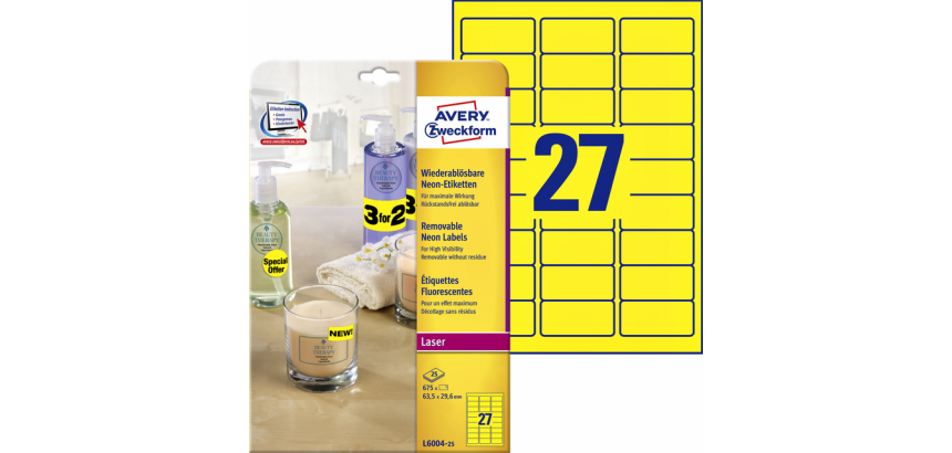 Etiket Avery L6004-25 63.5x29.6 neon geel 675 stuks
