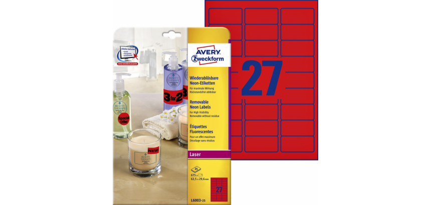 Etiket Avery L6003-25 63.5x29.6 neon rood 675 stuks