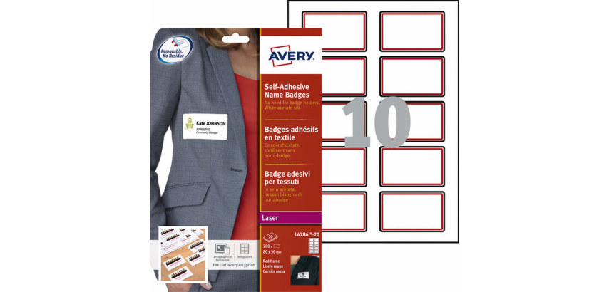 Badge adhésif Avery L4786-20 80x50mm cadre rouge 200 pièces