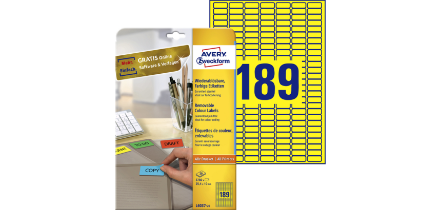 Etiquette Avery L6037-20 25,4x10mm jaune 3780 pièces