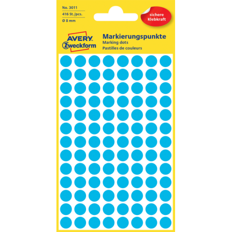 Etiket Avery Zweckform 3011 rond 8mm blauw 416stuks
