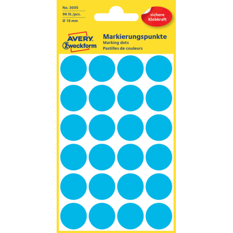 Etiket Avery Zweckform 3005 rond 18mm 96stuks blauw