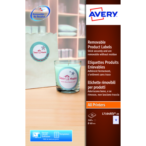 Etiquette amovible Avery L7104REV-20 60mm rond blanc 240 pièces