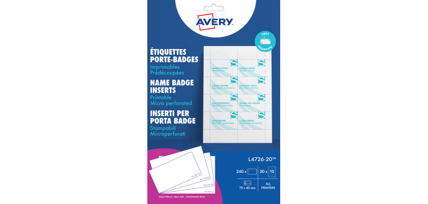 Insert for Avery Badge L4726-20 40x75mm micro perforation 20 sheets
