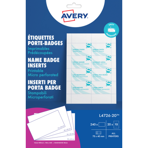 Insert pour badge Avery L4726-20 40x75mm micro perforation