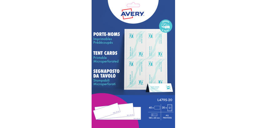 Avery Table Name Cards L4795-20 180x60mm White 20 Pieces