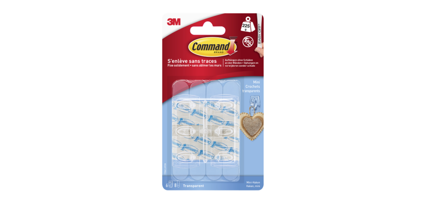 Command Mini Adhesive Hook with Transparent Mounting Strip 6 Pieces