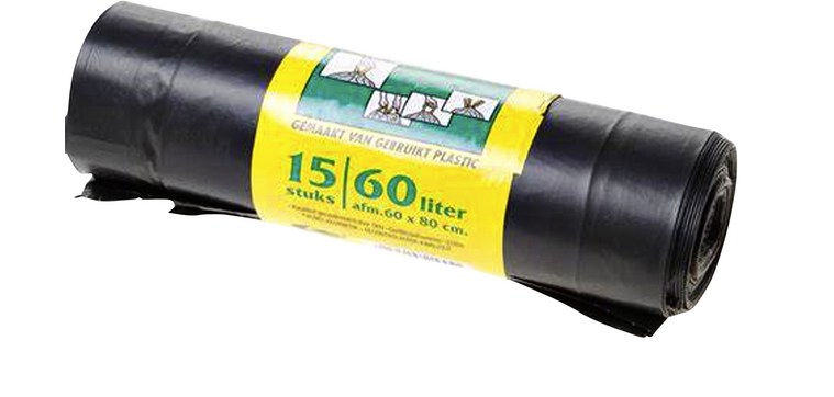 Sac poubelle Komo 60L à lien coulissant noir rouleau 15 pièces