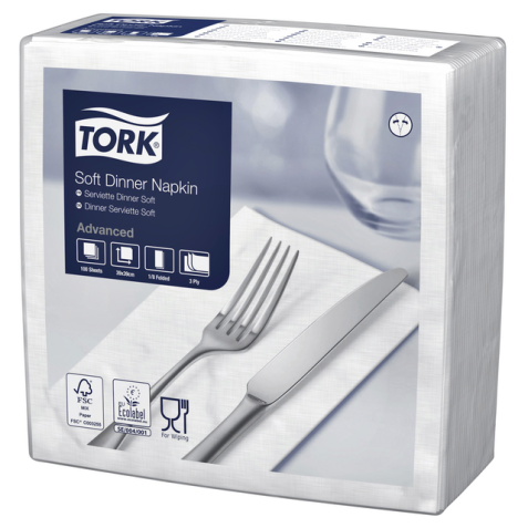 Serviette Tork 477579 Soft Dinner 3 épaisseurs pli 1/8 blanc 100 pièces