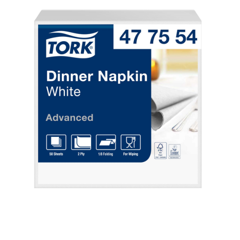 Serviette Tork Dinner 477554 2 épaisseurs pli 1/8 blanc 150 pièces