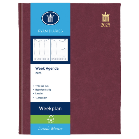 Agenda 2025 Ryam Weekplan Mundior 7 jours/ 2 pages bordeaux