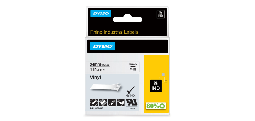 Labeltape Dymo Rhino industrieel vinyl 24mm zwart op wit