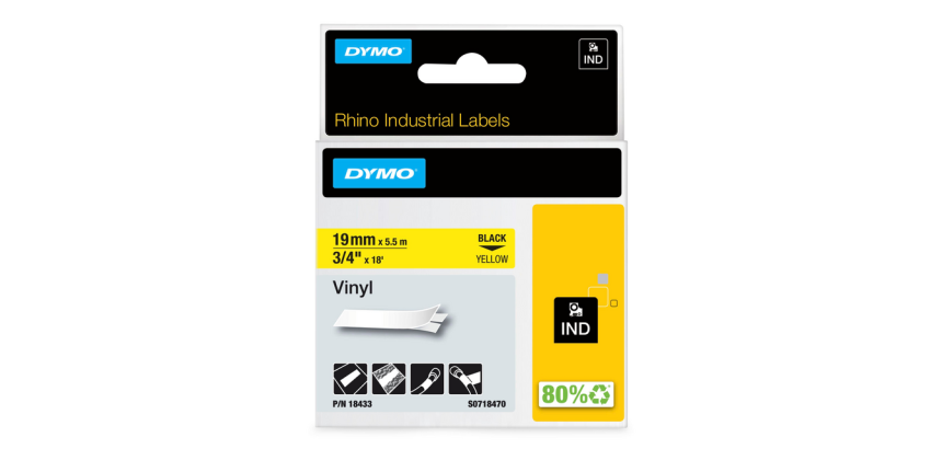 Ruban Dymo Rhino Industriel vinyle 19mmx5,5m noir sur jaune