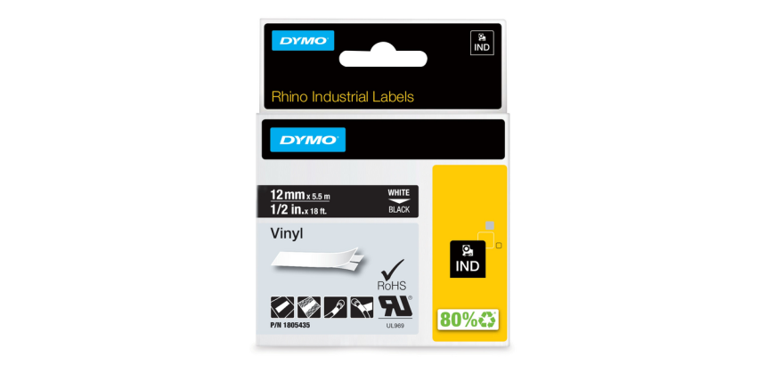 Dymo Rhino Industrial Vinyl Tape 12mmx5.5m White on Black