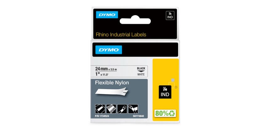 Labeltape Dymo Rhino industrieel nylon 24mm zwart op wit