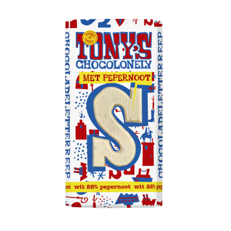 Chocoladeletter Tony's Chocolonely wit pepernoot S 180gr