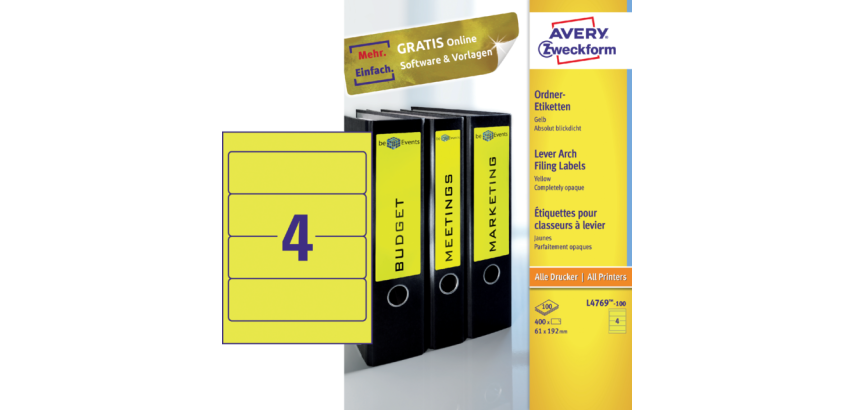 Etiquette dorsale Avery Large 61x192mm adhésive jaune 100 feuilles