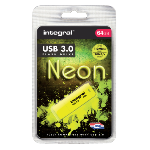 USB 3.0 Neon 64GB Yellow Flash Drive INFD64GoNEONYL3.0
