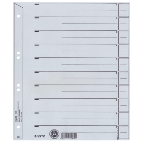 Intercalaires Leitz 1650 carton 200g A4 4 perforations gris