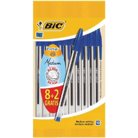 Stylo bille BIC Cristal Medium bleu sachet 8+2 gratuits