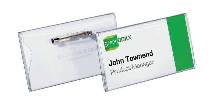 Badge Durable 8001 met speld en klemrand 40x75mm