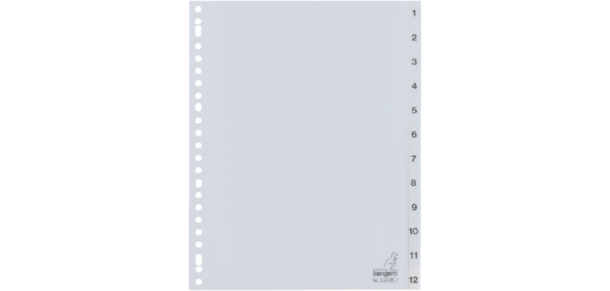 Intercalaire Kangaro G412CM A4 23 perforations numéro 1-12 PP gris
