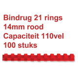 Bindrug GBC, 14 mm, 21 ringen, 100 stuks, rood